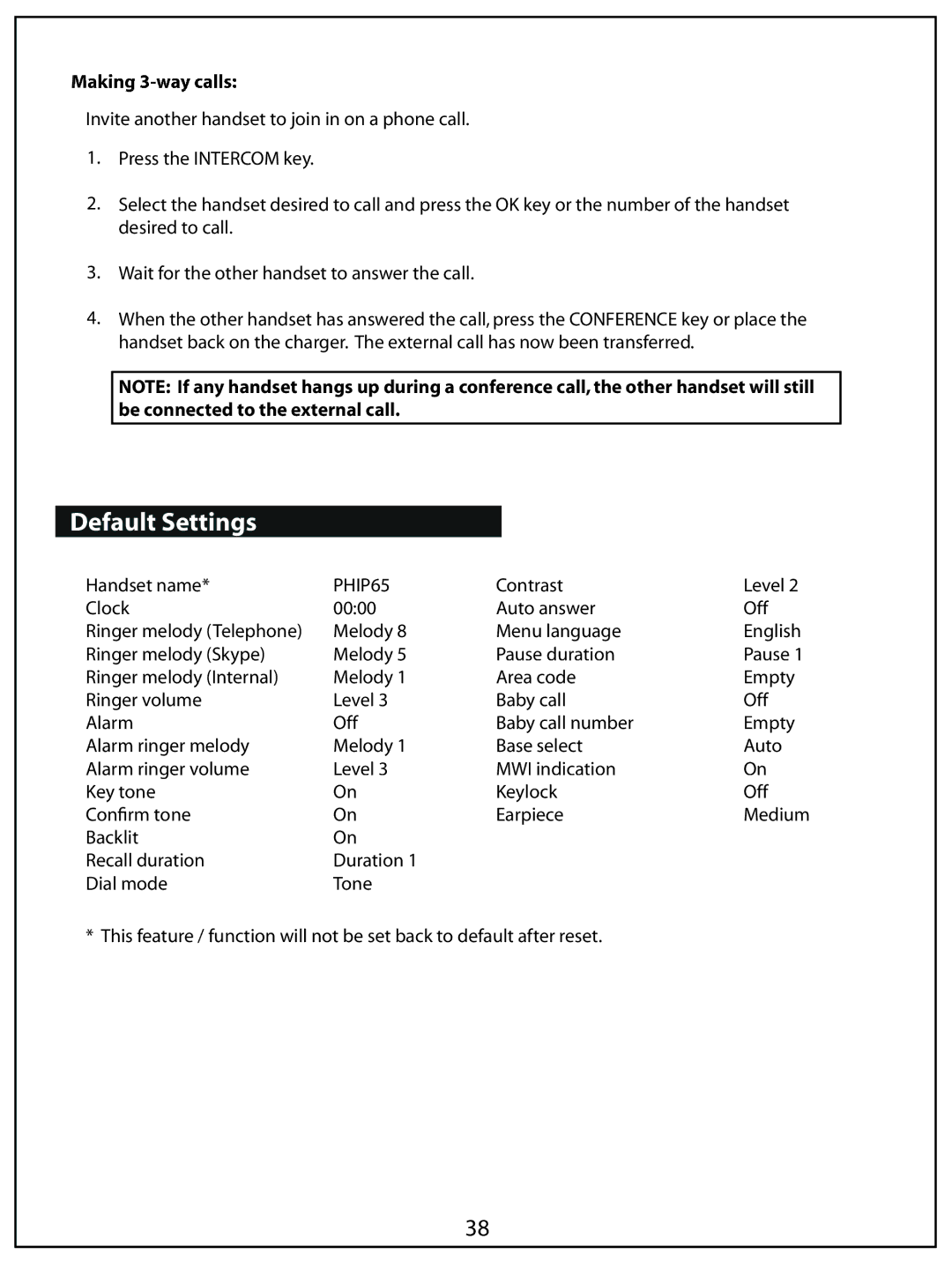 AUVI Technologies PHIP65 manual Extra Featur ndsets, Default Settings 