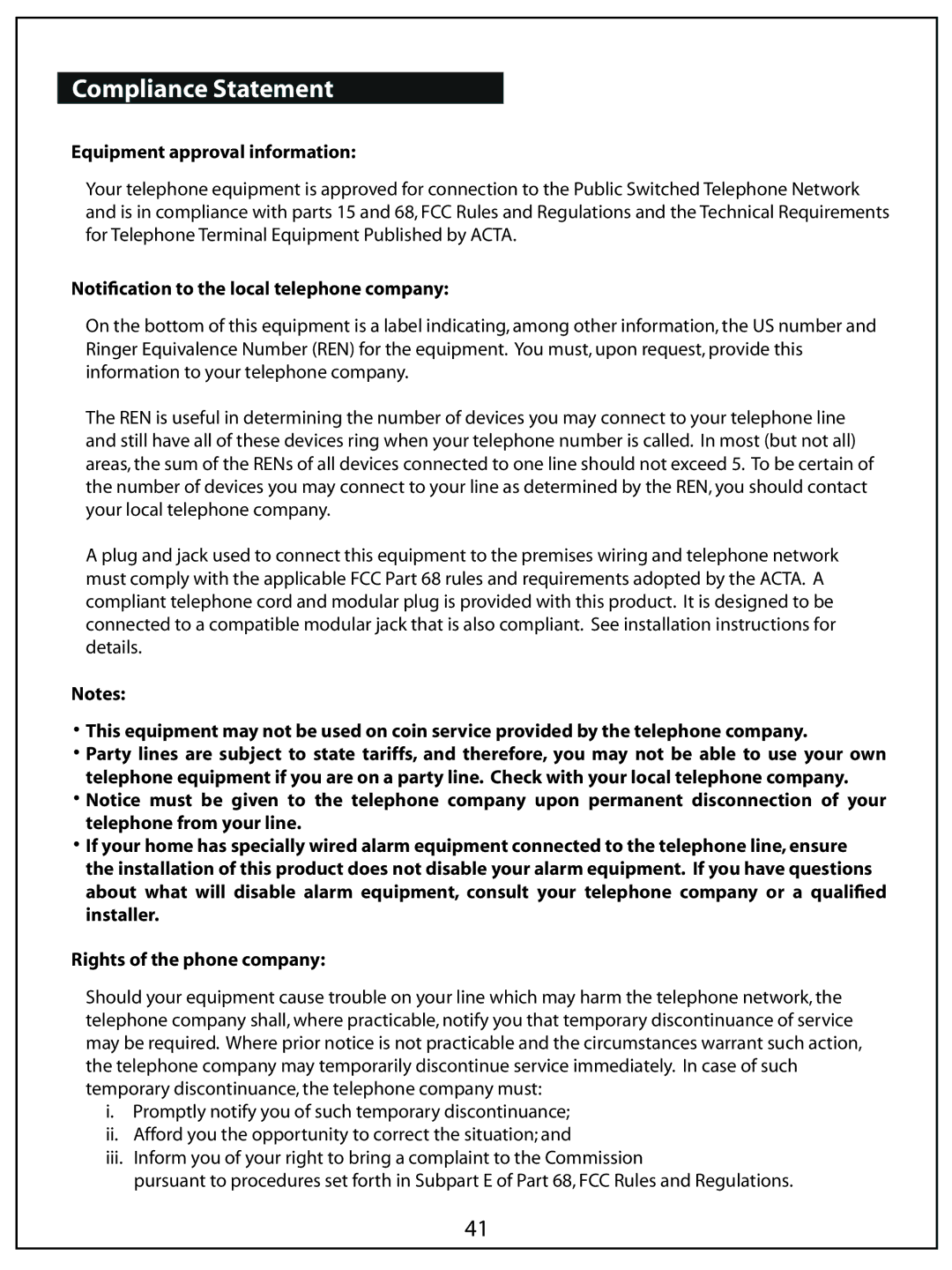 AUVI Technologies PHIP65 Compliance Statement, Equipment approval information, Notiﬁcation to the local telephone company 