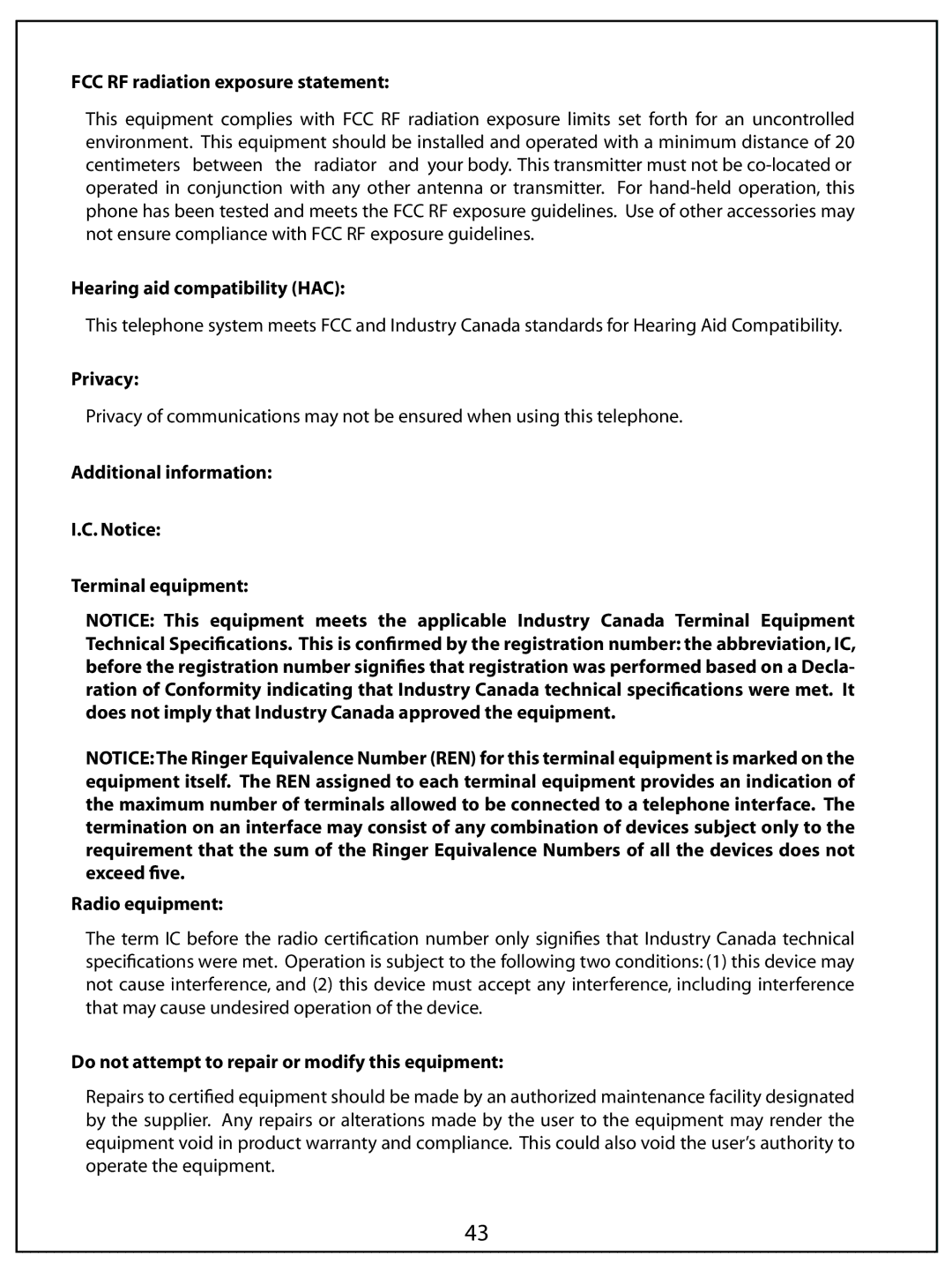 AUVI Technologies PHIP65 FCC RF radiation exposure statement, Hearing aid compatibility HAC, Privacy, Radio equipment 