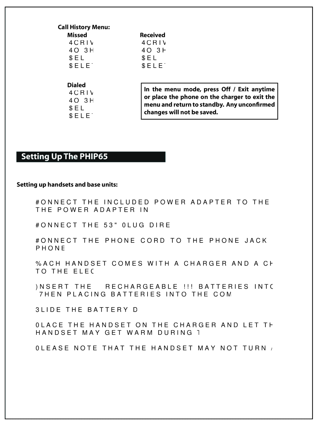 AUVI Technologies Setting Up The PHIP65, Call History Menu Missed, Dialed, Received, Setting up handsets and base units 