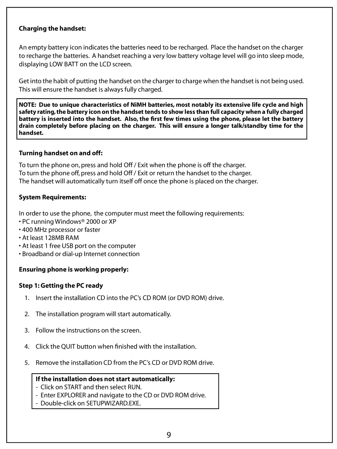 AUVI Technologies PHIP65 manual Charging the handset, Turning handset on and off, System Requirements 