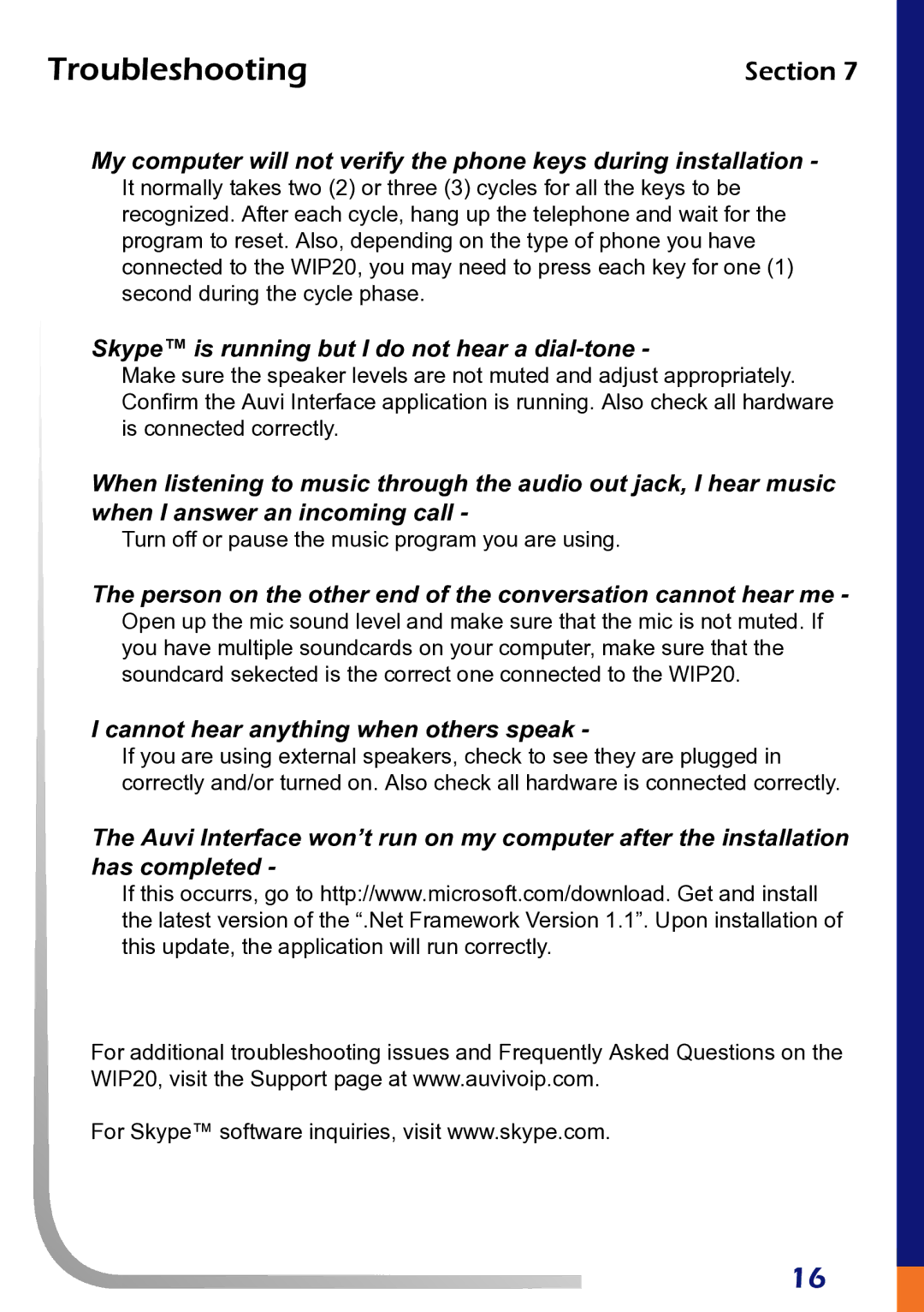 AUVI Technologies WIP20S manual Troubleshooting, Skype is running but I do not hear a dial-tone 