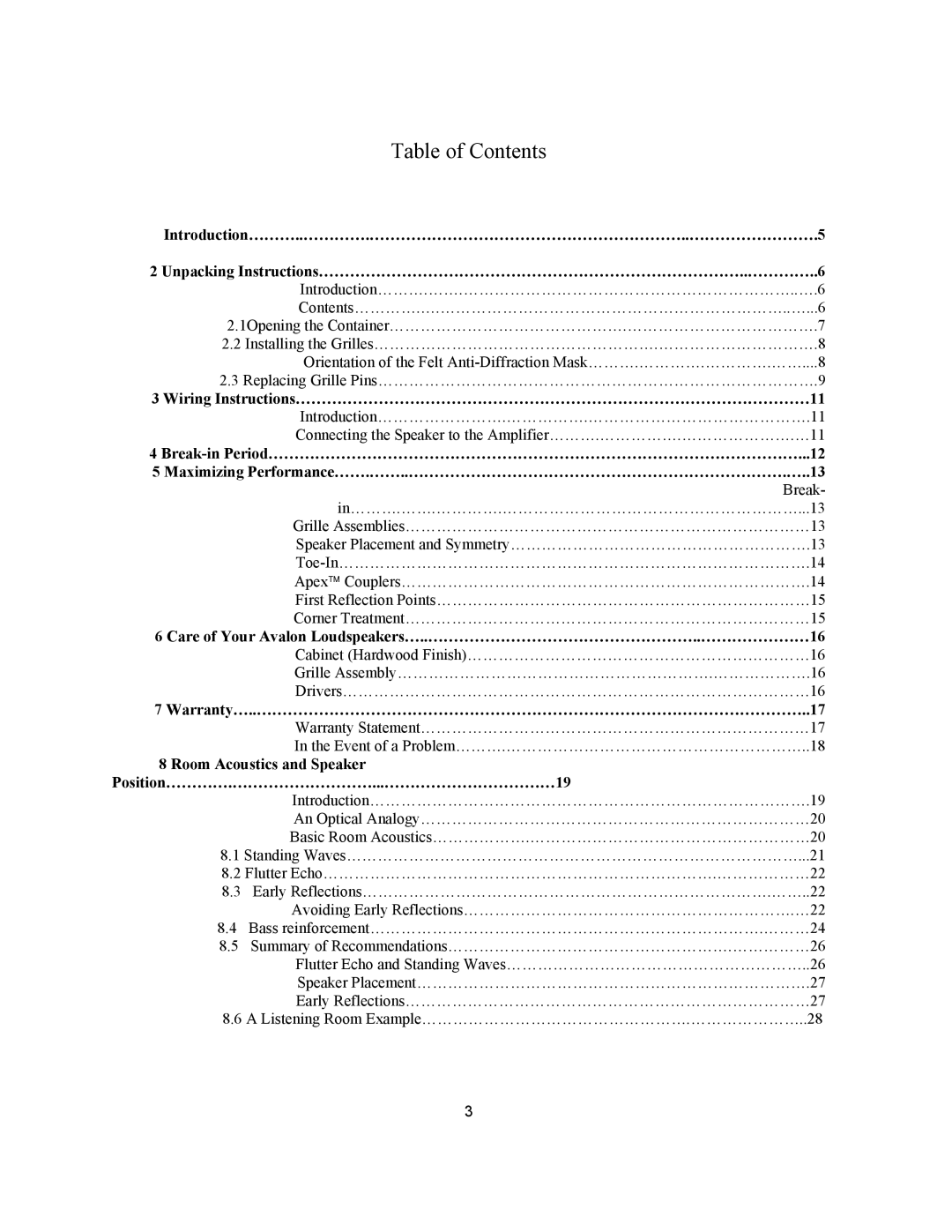 Avalon Acoustics AVALON ASCENDANT manual Table of Contents 