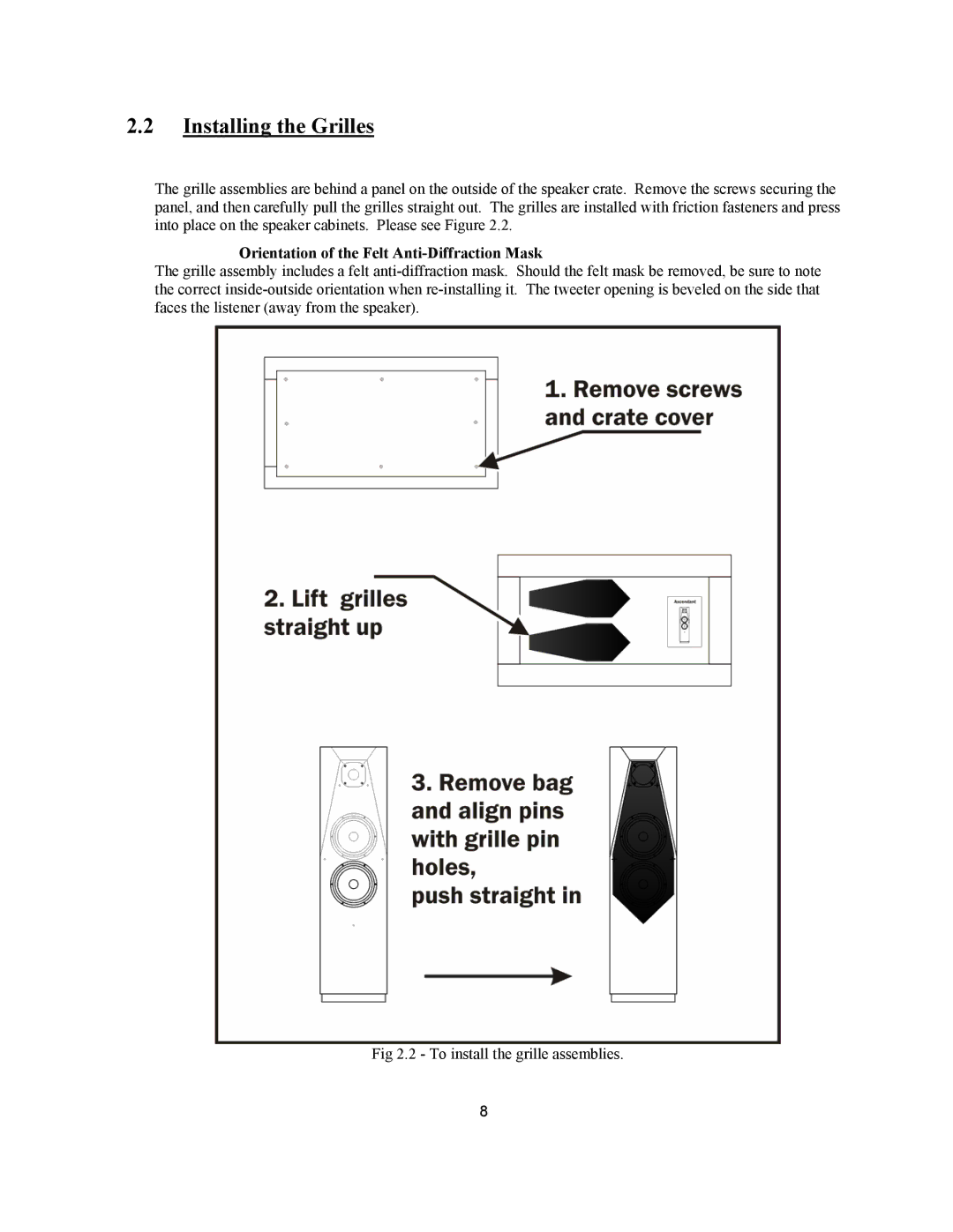 Avalon Acoustics AVALON ASCENDANT manual Installing the Grilles, Orientation of the Felt Anti-Diffraction Mask 