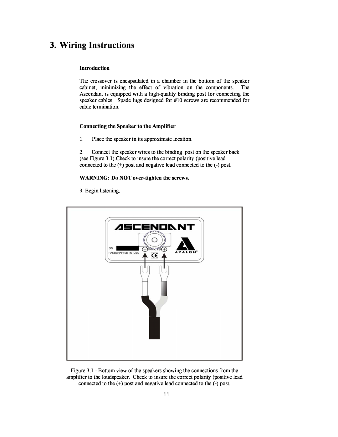 Avalon Acoustics AVALON ASCENDANT manual Wiring Instructions, Connecting the Speaker to the Amplifier, Introduction 