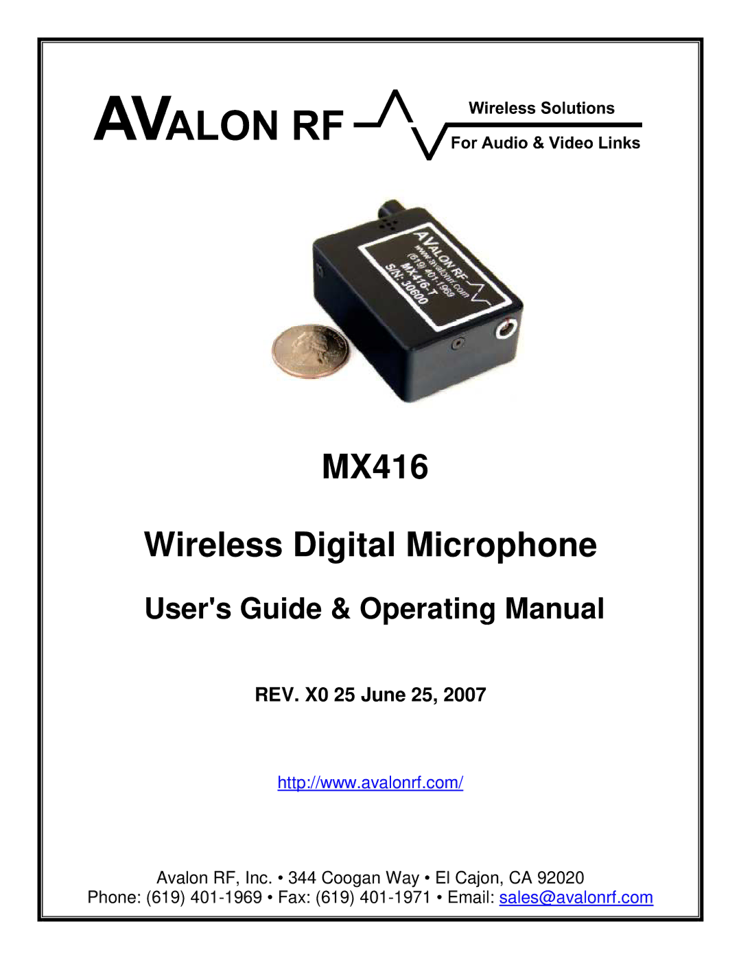 Avalon Acoustics manual MX416 Wireless Digital Microphone, REV. X0 25 June 25 