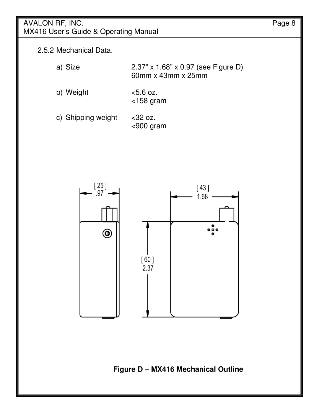 Avalon Acoustics manual Figure D MX416 Mechanical Outline 