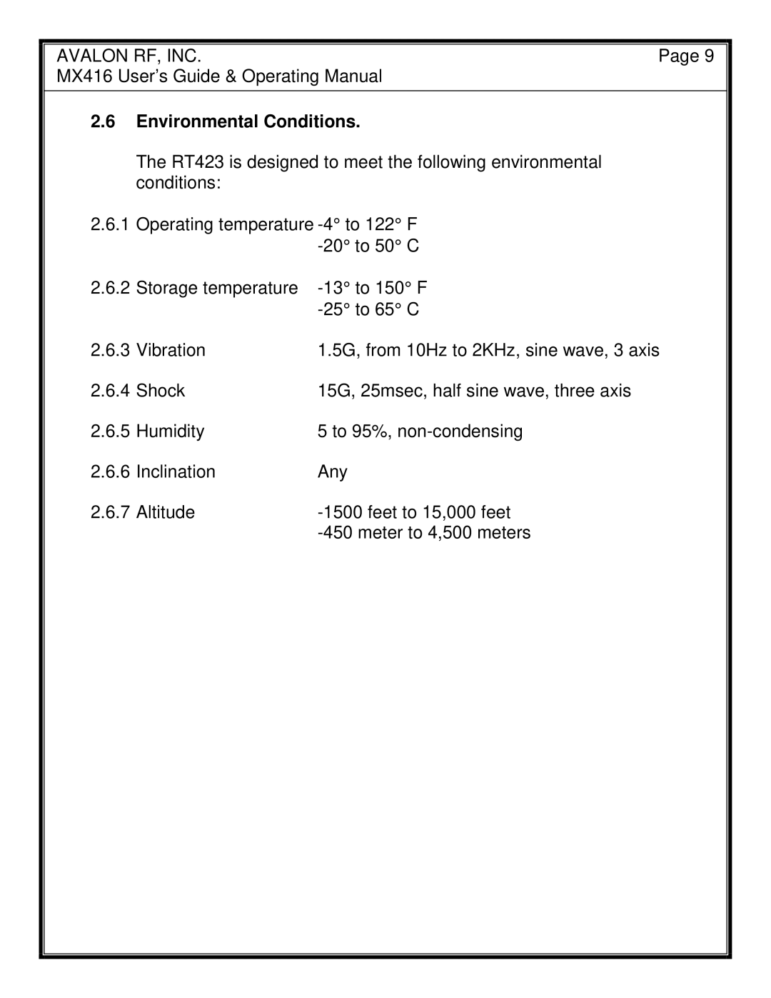 Avalon Acoustics MX416 manual Environmental Conditions 