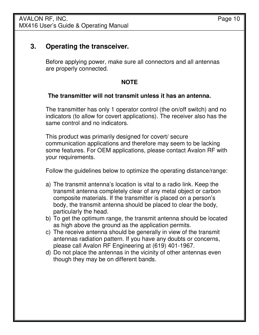 Avalon Acoustics MX416 manual Operating the transceiver, Transmitter will not transmit unless it has an antenna 