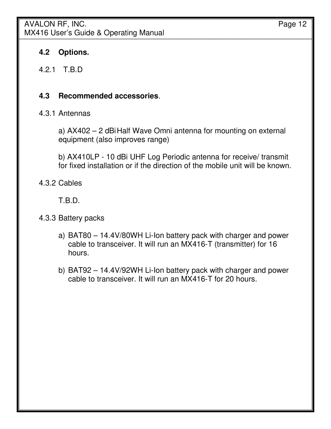 Avalon Acoustics MX416 manual Options, Recommended accessories .3.1 Antennas 