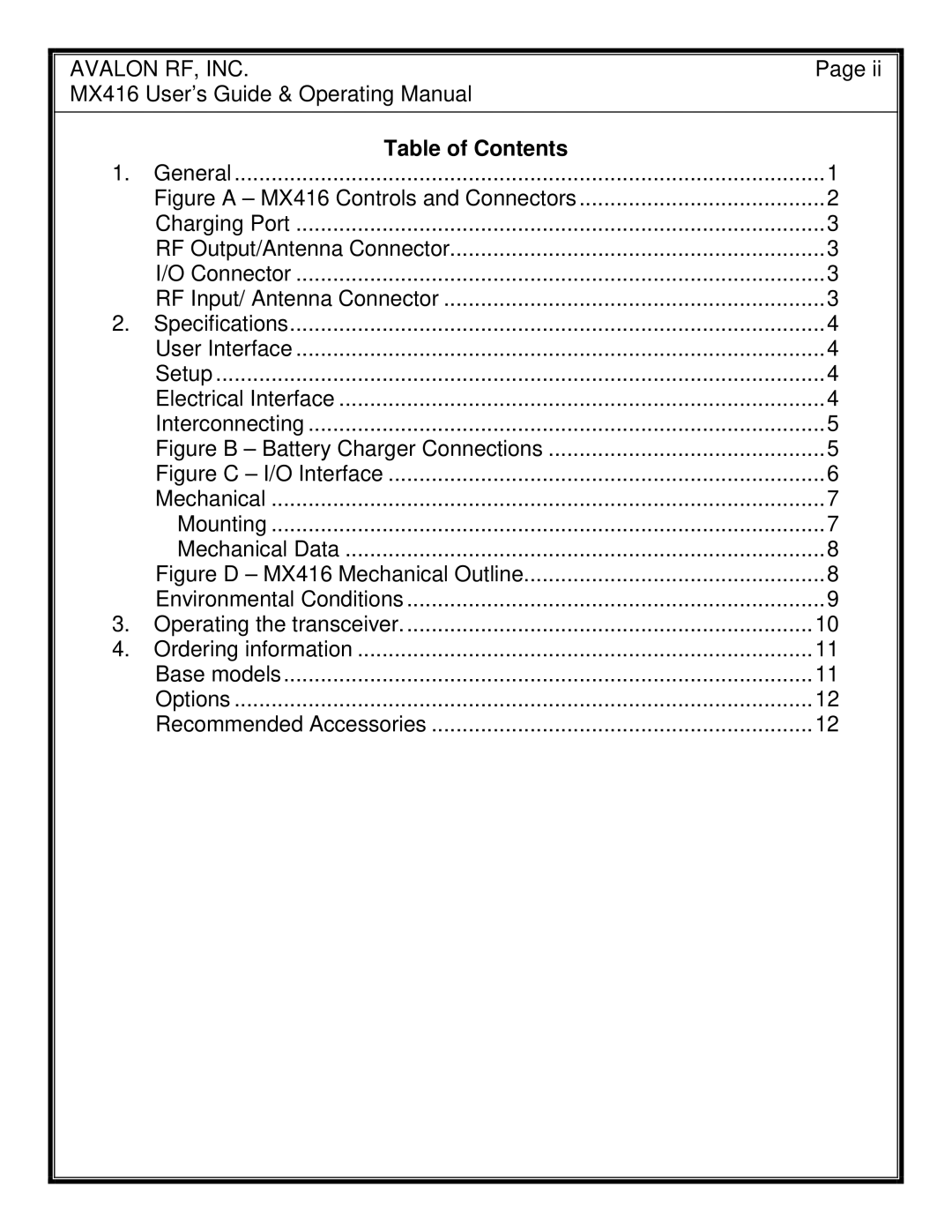 Avalon Acoustics MX416 manual Table of Contents 