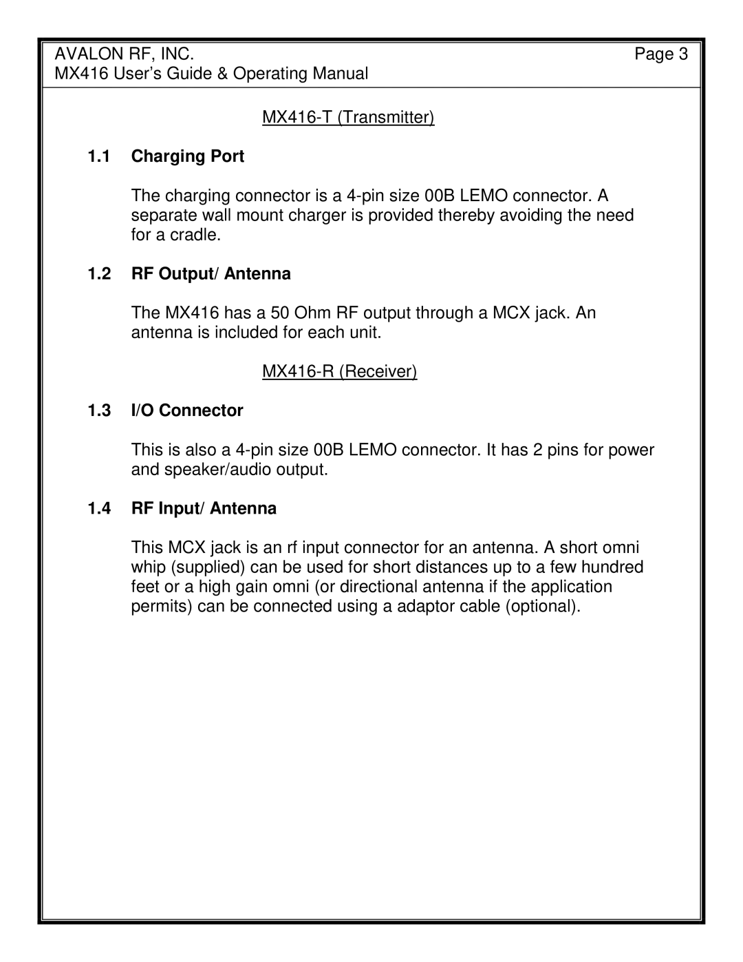 Avalon Acoustics MX416 manual Charging Port, RF Output/ Antenna, I/O Connector, RF Input/ Antenna 