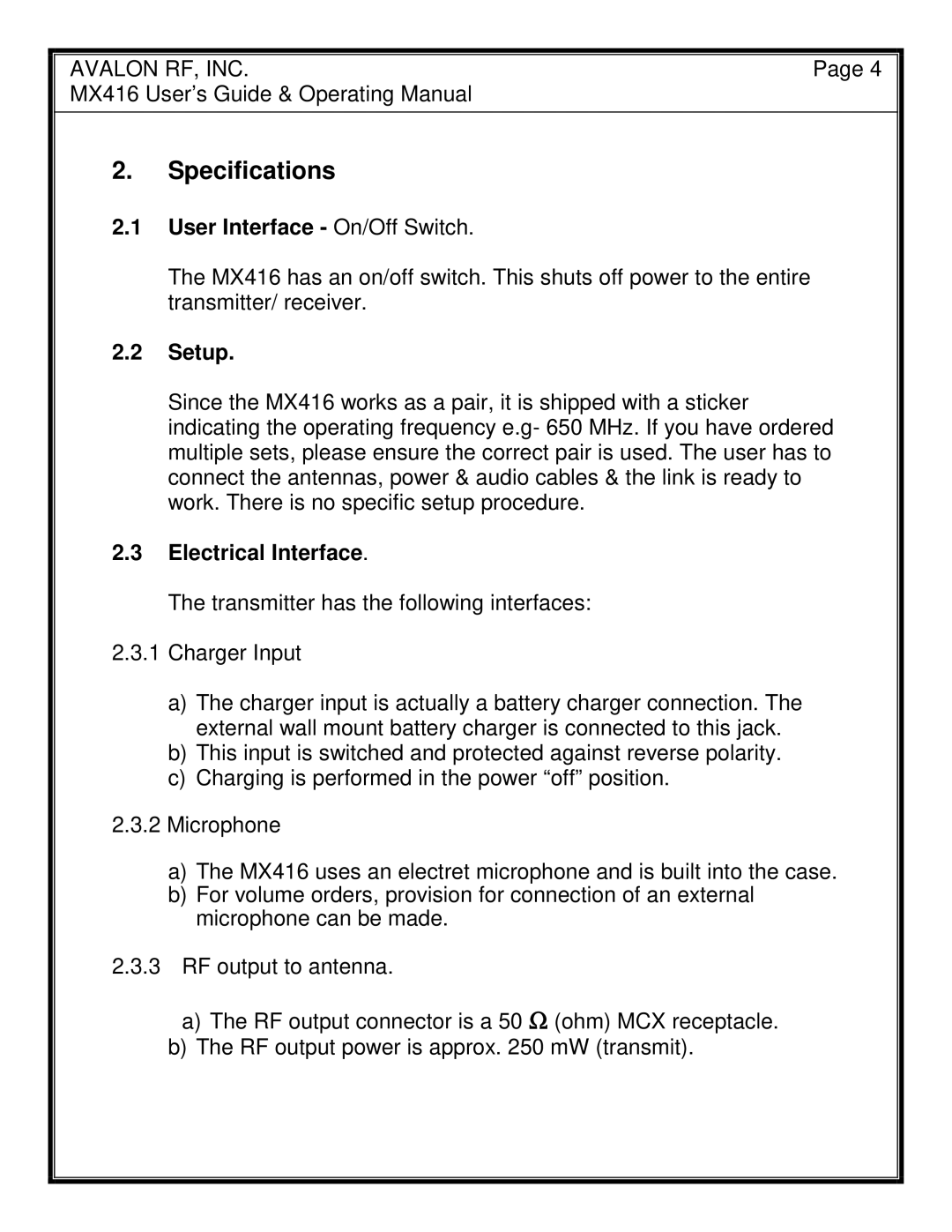 Avalon Acoustics MX416 manual Specifications, User Interface On/Off Switch, Setup, Electrical Interface 