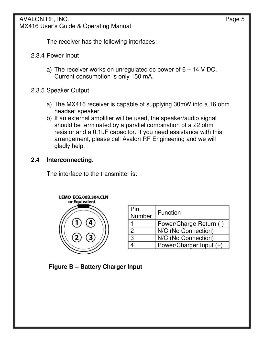 Avalon Acoustics MX416 manual Interconnecting, Figure B Battery Charger Input 