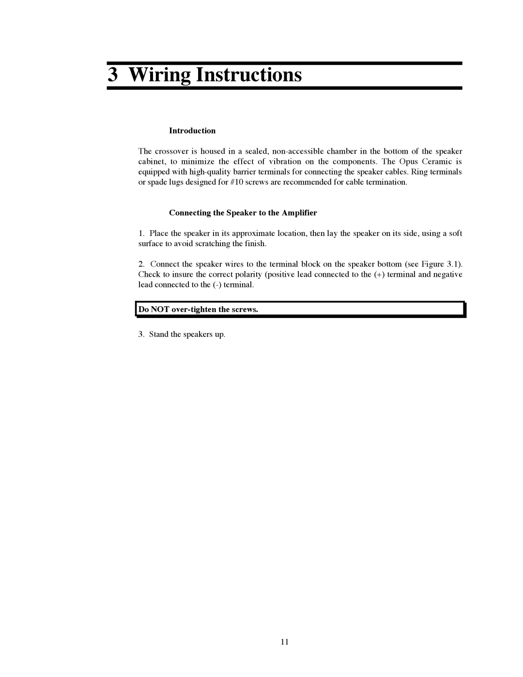 Avalon Acoustics OPUS Ceramique Loudspeaker manual Wiring Instructions, Connecting the Speaker to the Amplifier 