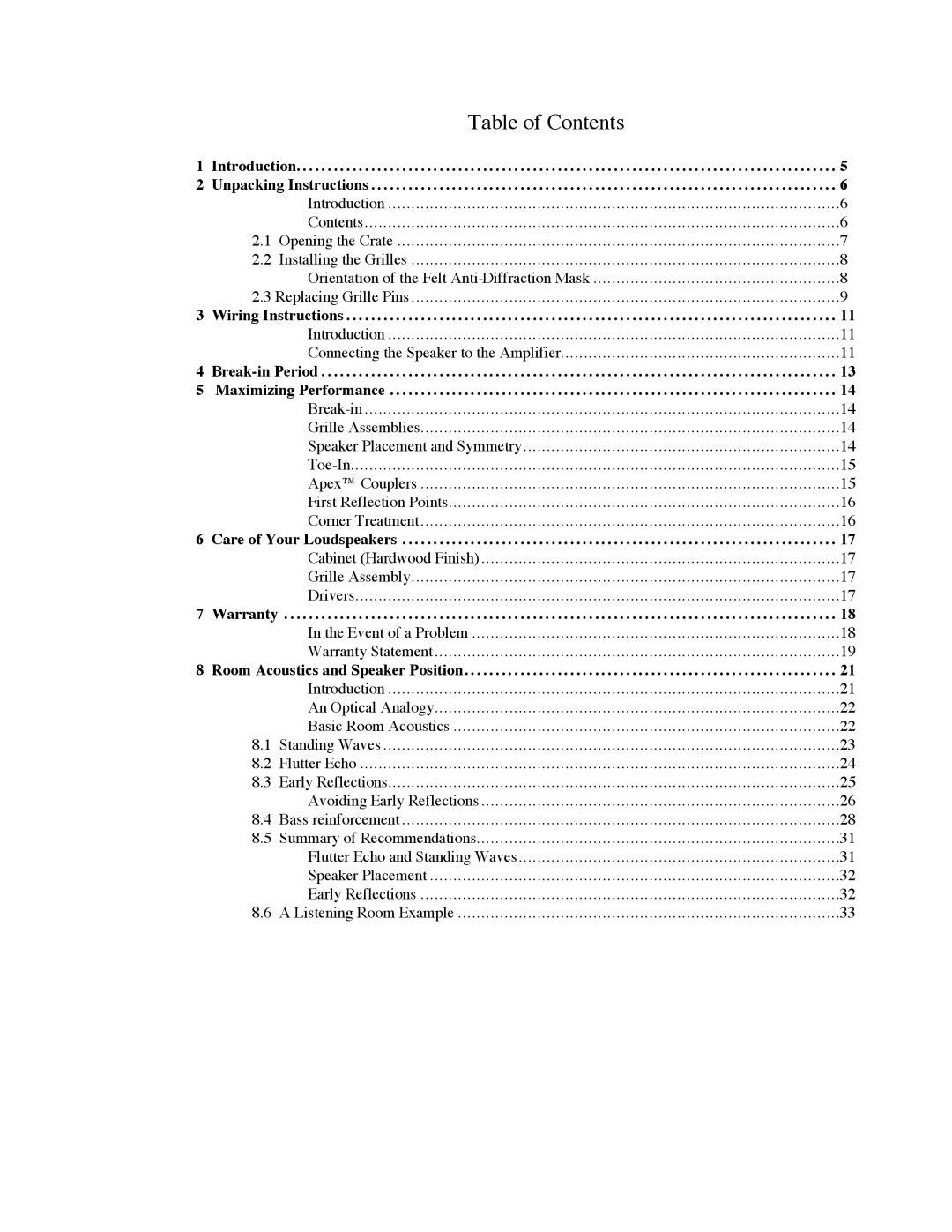 Avalon Acoustics OPUS Ceramique Loudspeaker manual Table of Contents 