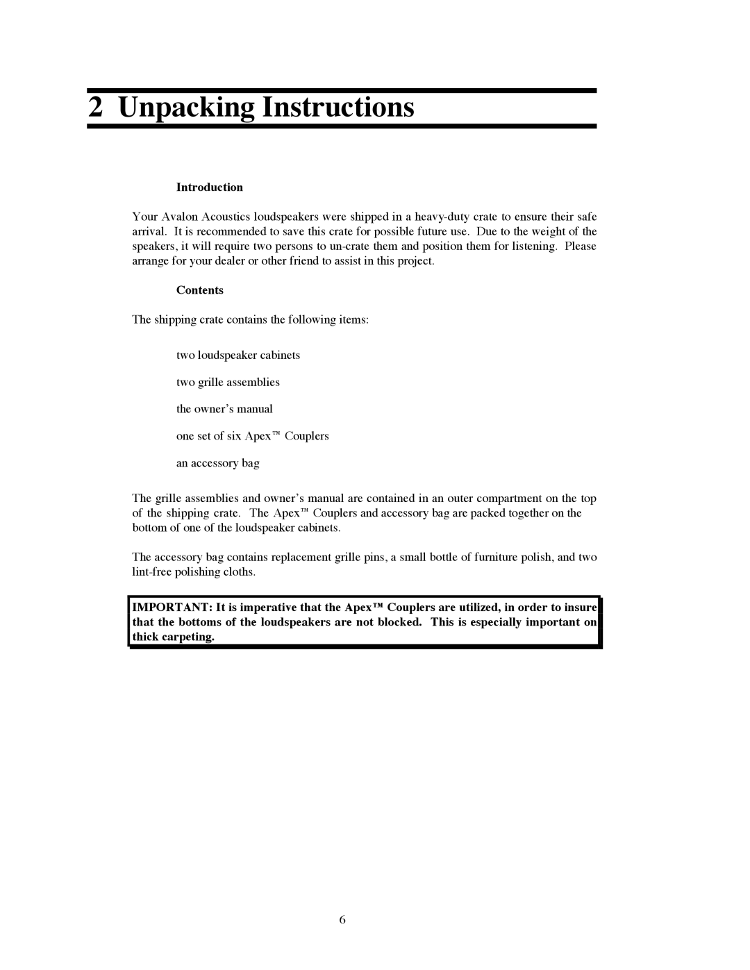 Avalon Acoustics OPUS Ceramique Loudspeaker manual Unpacking Instructions, Introduction, Contents 