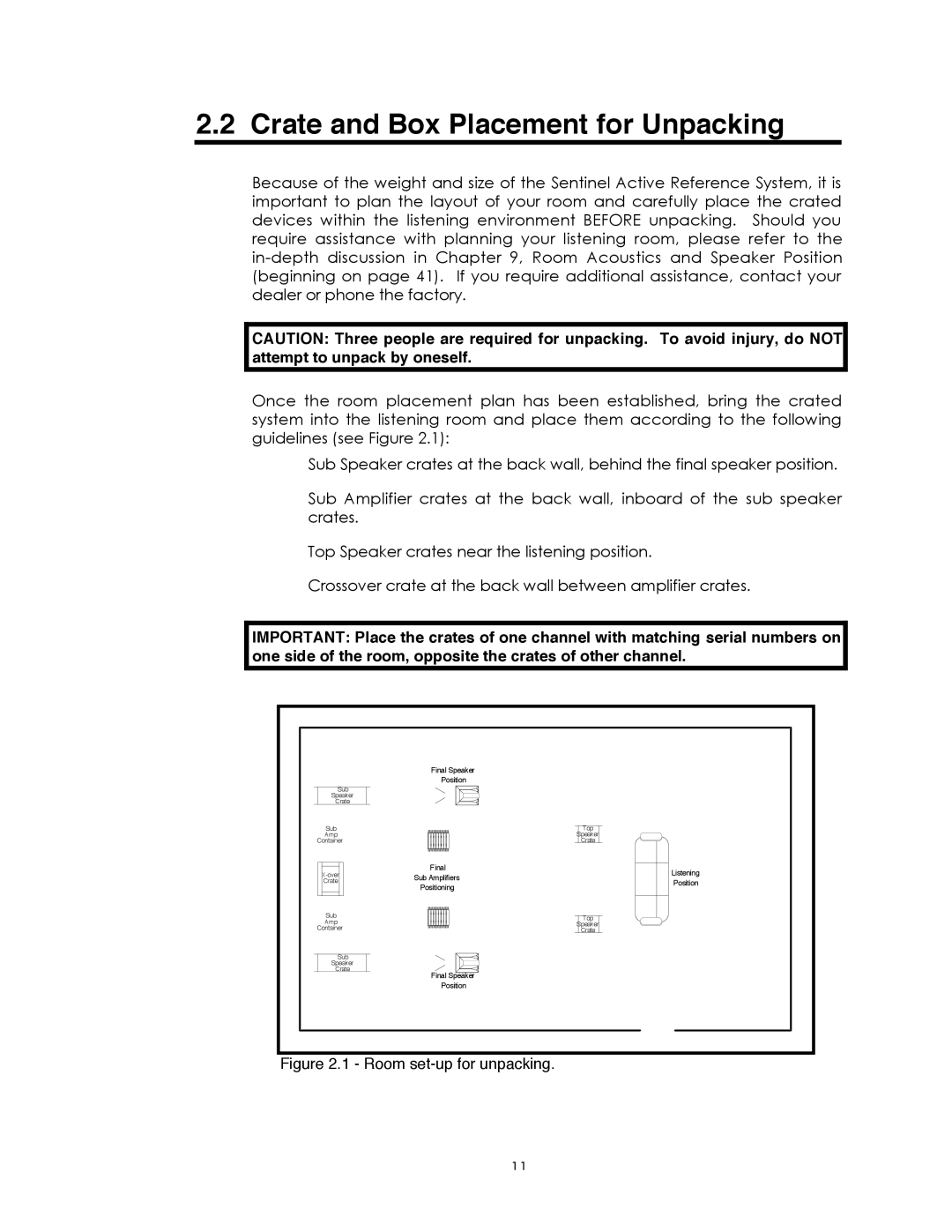 Avalon Acoustics Sentinel manual Crate and Box Placement for Unpacking, Room set-up for unpacking 