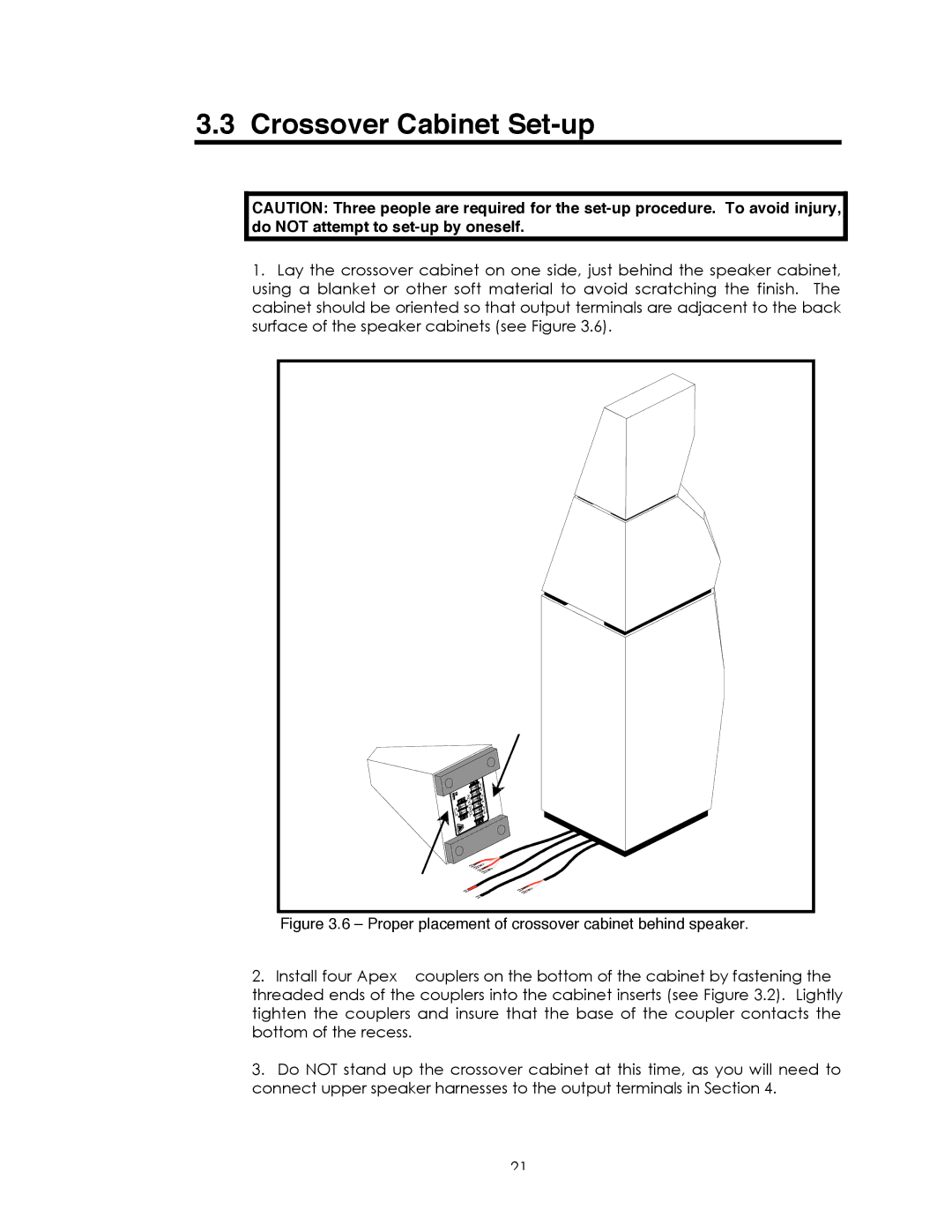 Avalon Acoustics Sentinel manual Crossover Cabinet Set-up, Proper placement of crossover cabinet behind speaker 