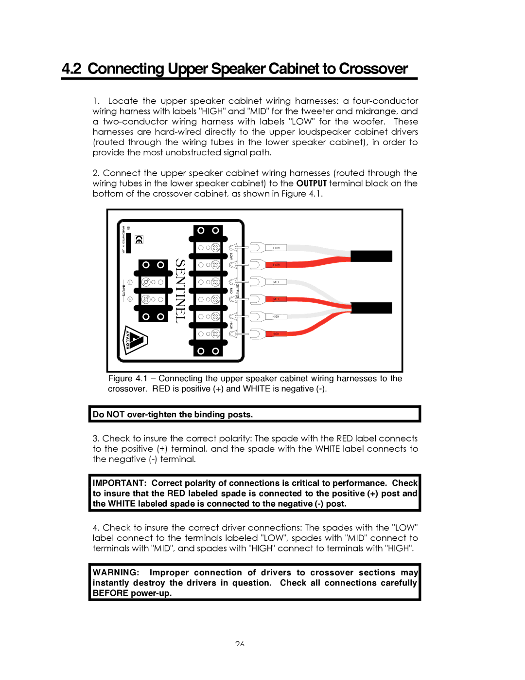 Avalon Acoustics Sentinel manual Connecting Upper Speaker Cabinet to Crossover, Do not over-tighten the binding posts 