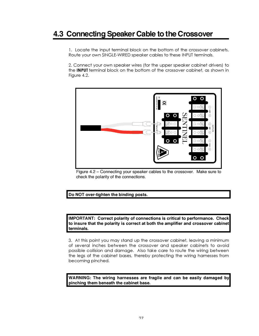 Avalon Acoustics Sentinel manual Connecting Speaker Cable to the Crossover 