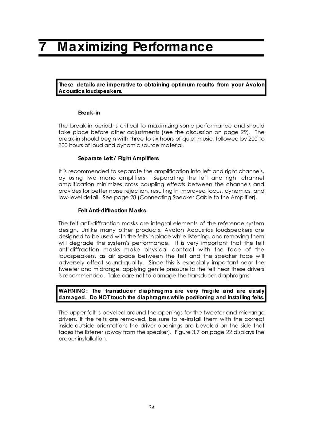 Avalon Acoustics Sentinel manual Maximizing Performance, Separate Left / Right Amplifiers, Felt Anti-diffraction Masks 