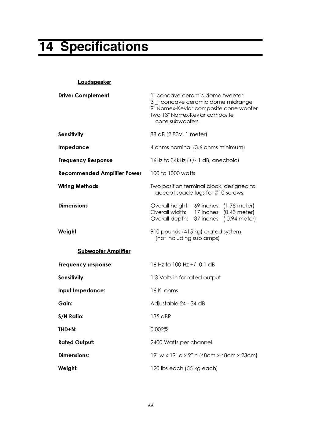 Avalon Acoustics Sentinel manual Specifications, Loudspeaker, Subwoofer Amplifier 