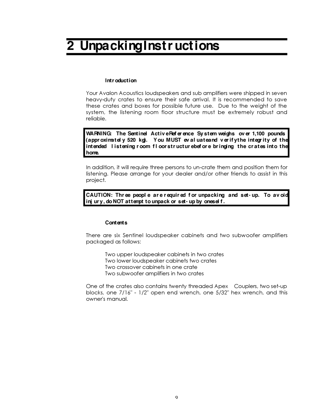 Avalon Acoustics Sentinel manual Unpacking Instructions, Introduction, Contents 