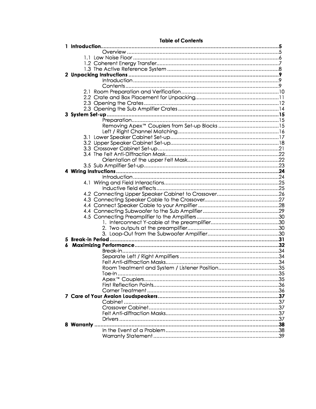 Avalon Acoustics Sentinel manual Table of Contents 