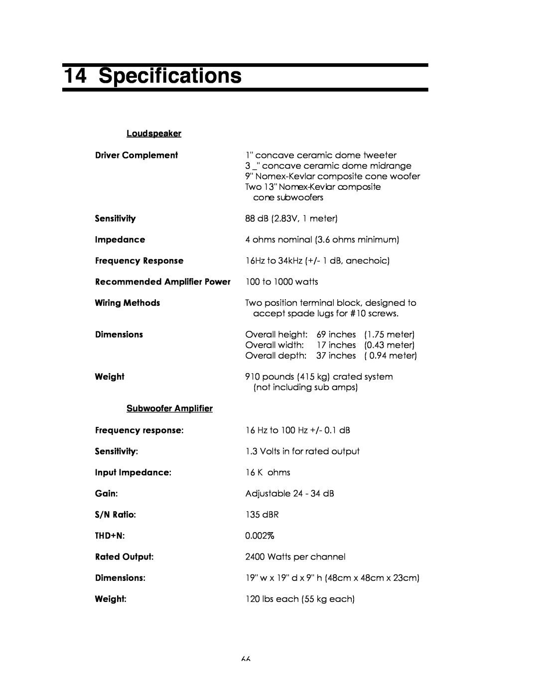 Avalon Acoustics Sentinel manual Specifications, Loudspeaker, Subwoofer Amplifier 