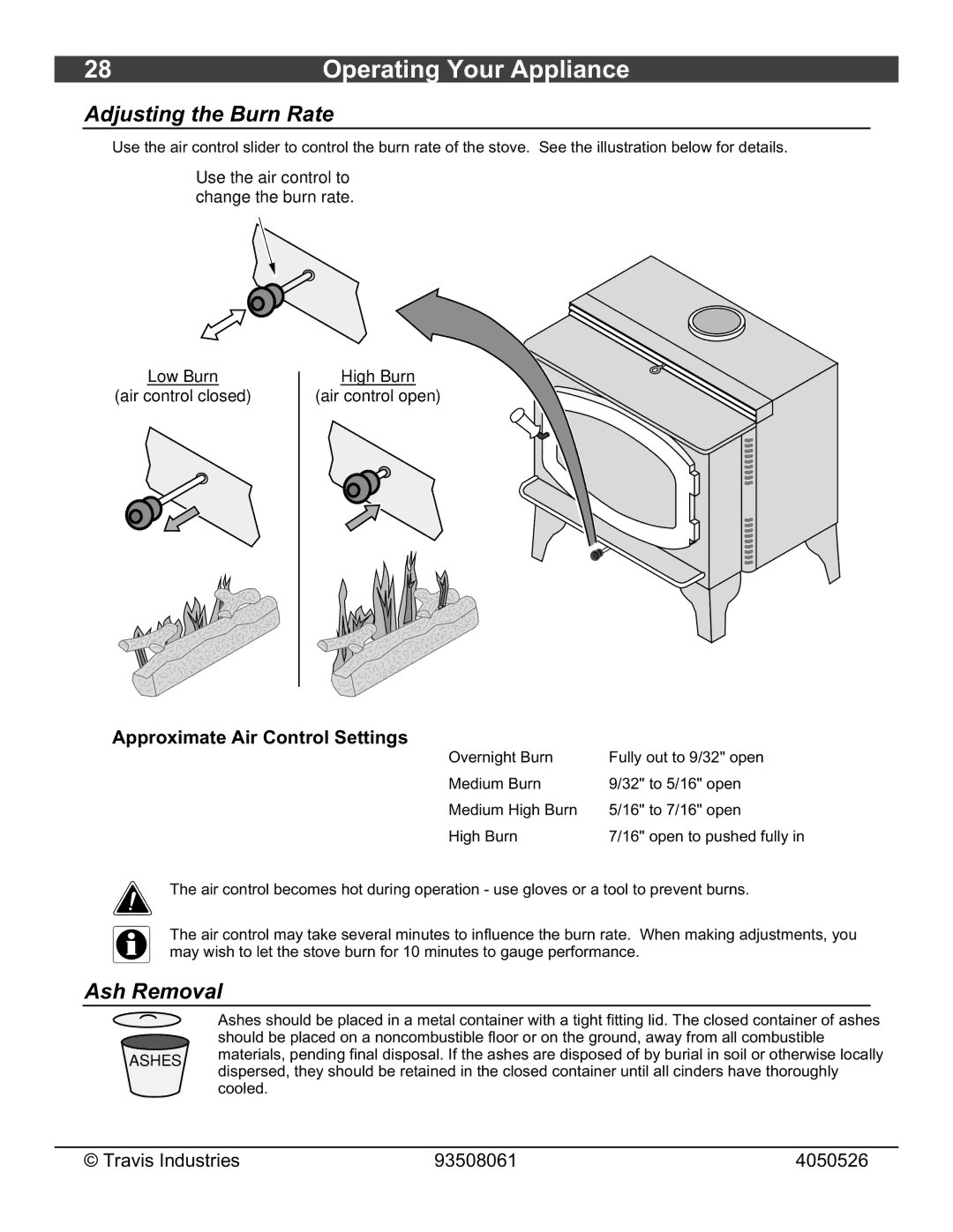 Avalon Stoves 1190 owner manual Adjusting the Burn Rate, Ash Removal, Approximate Air Control Settings 