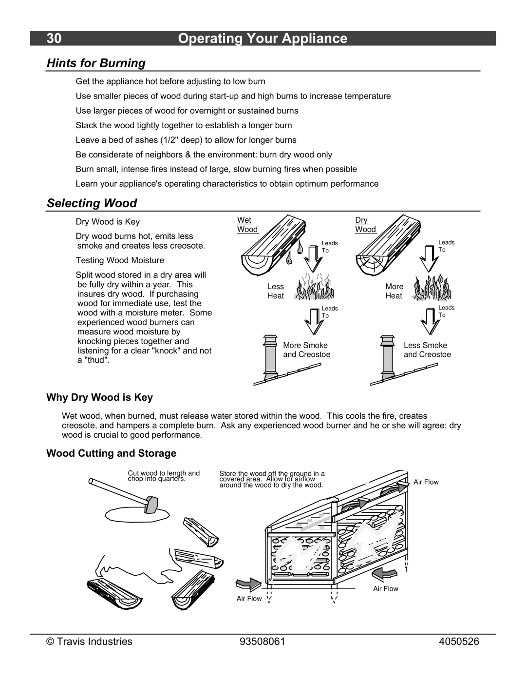 Avalon Stoves 1190 owner manual Hints for Burning, Selecting Wood, Why Dry Wood is Key, Wood Cutting and Storage 