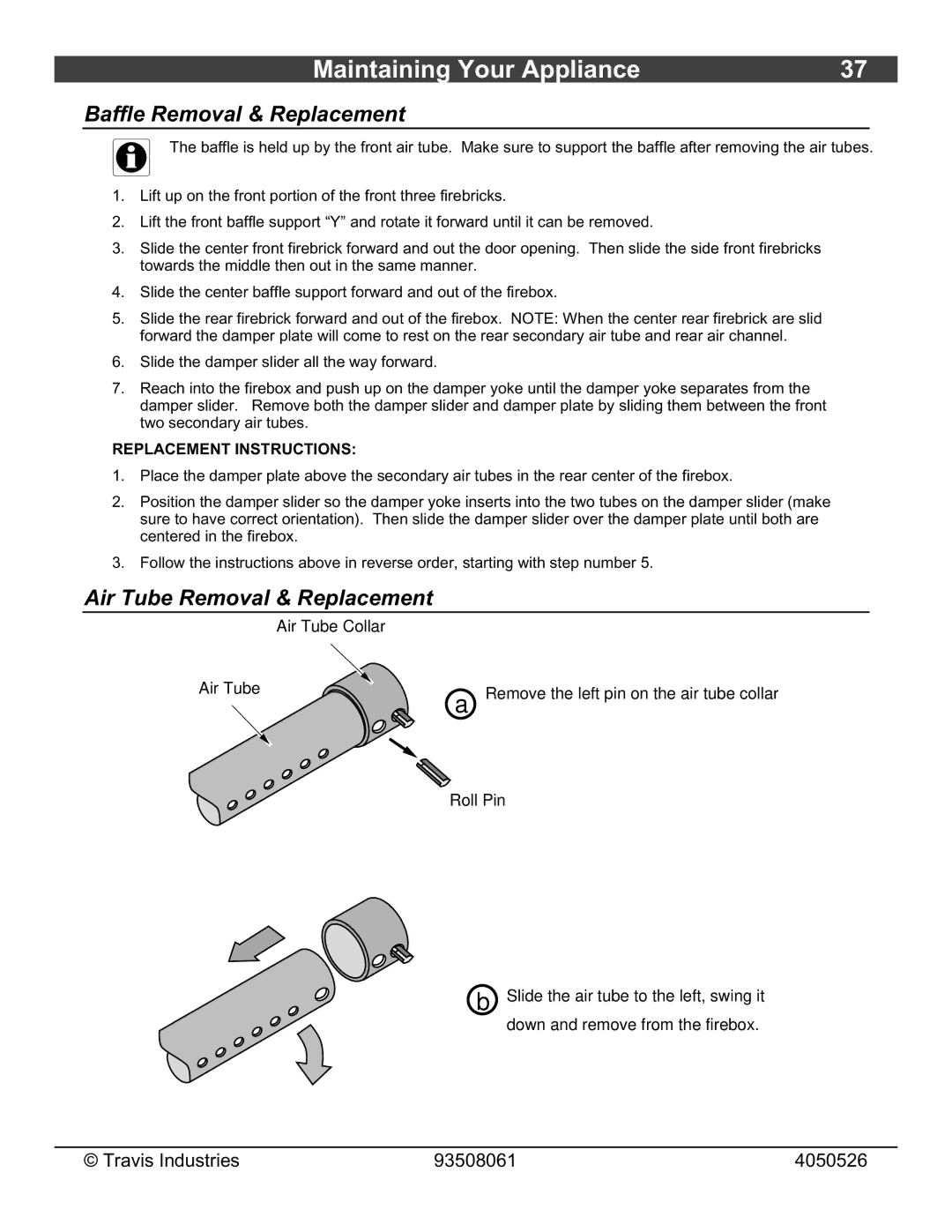 Avalon Stoves 1190 owner manual Baffle Removal & Replacement, Air Tube Removal & Replacement 