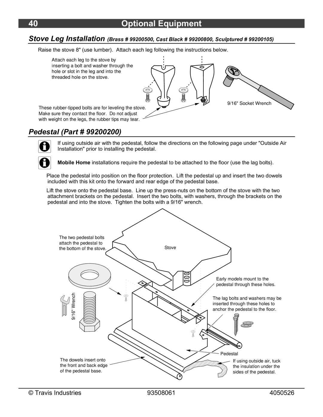 Avalon Stoves 1190 owner manual Optional Equipment, Pedestal 