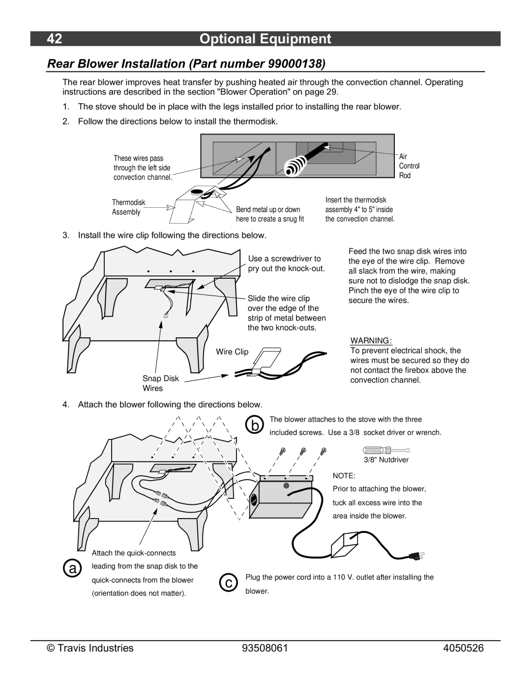 Avalon Stoves 1190 owner manual Rear Blower Installation Part number, Install the wire clip following the directions below 