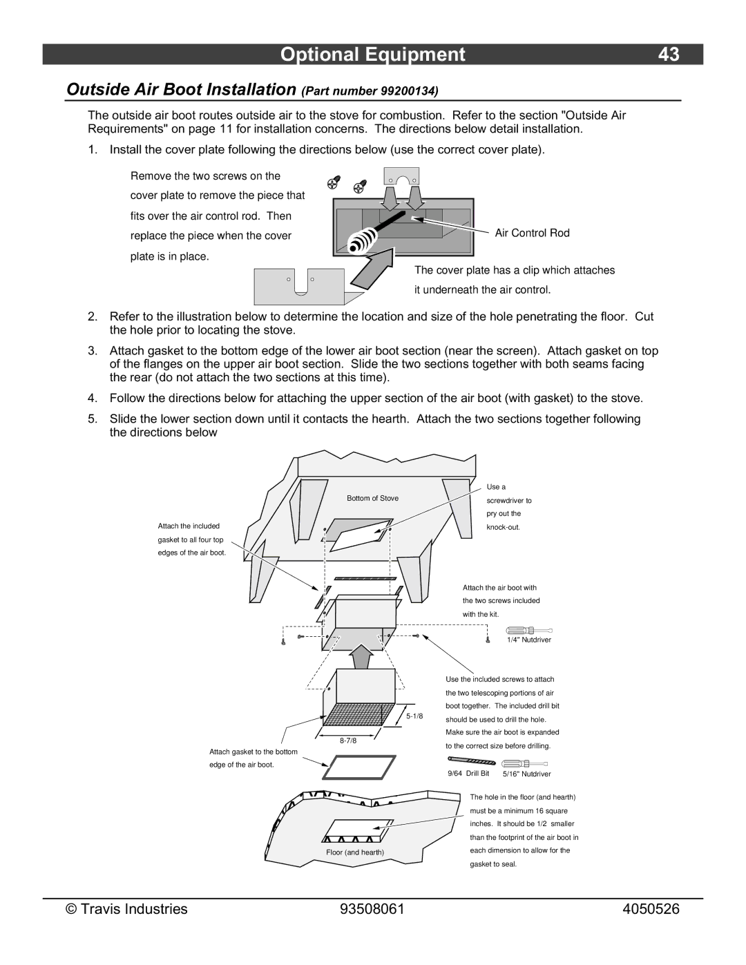 Avalon Stoves 1190 owner manual Outside Air Boot Installation Part number 