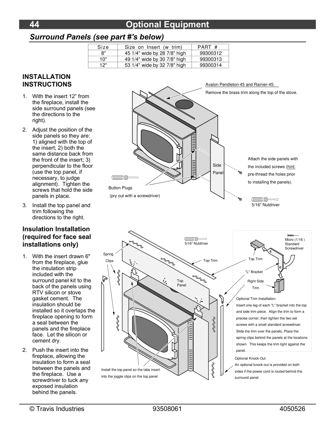 Avalon Stoves 1190 owner manual Surround Panels see s below, Z e Size on Insert w trim 