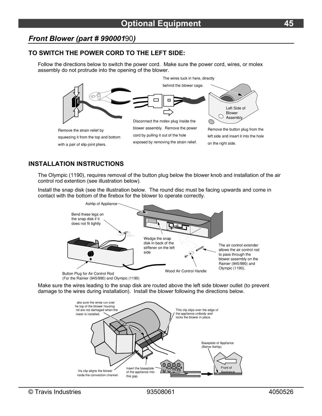 Avalon Stoves 1190 owner manual Front Blower, To Switch the Power Cord to the Left Side 