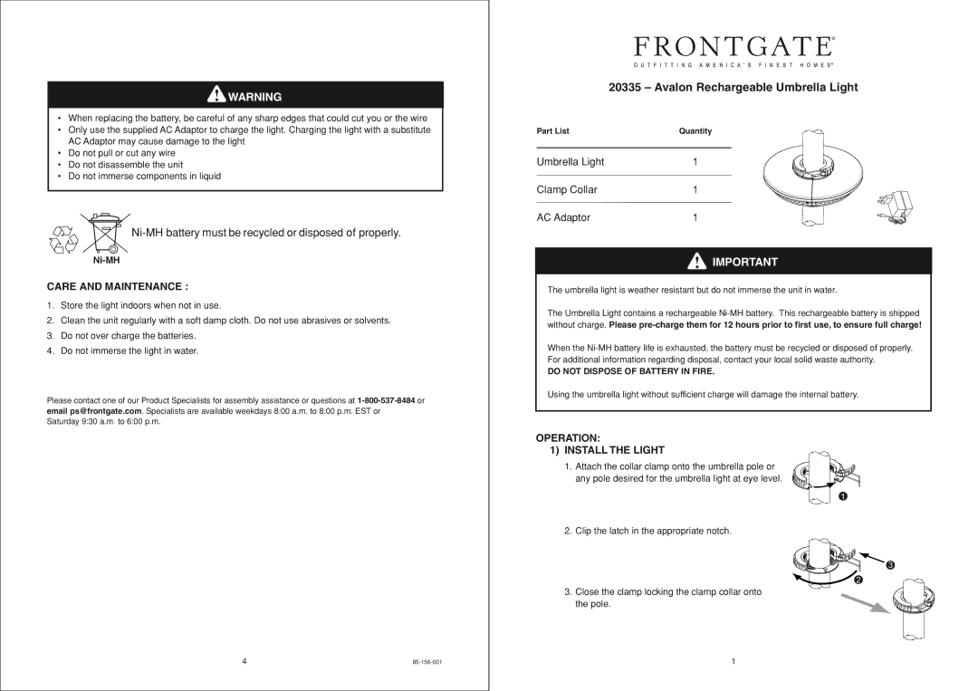 Avalon Stoves 20335 manual Ni-MH battery must be recycled or disposed of properly, Avalon Rechargeable Umbrella Light 