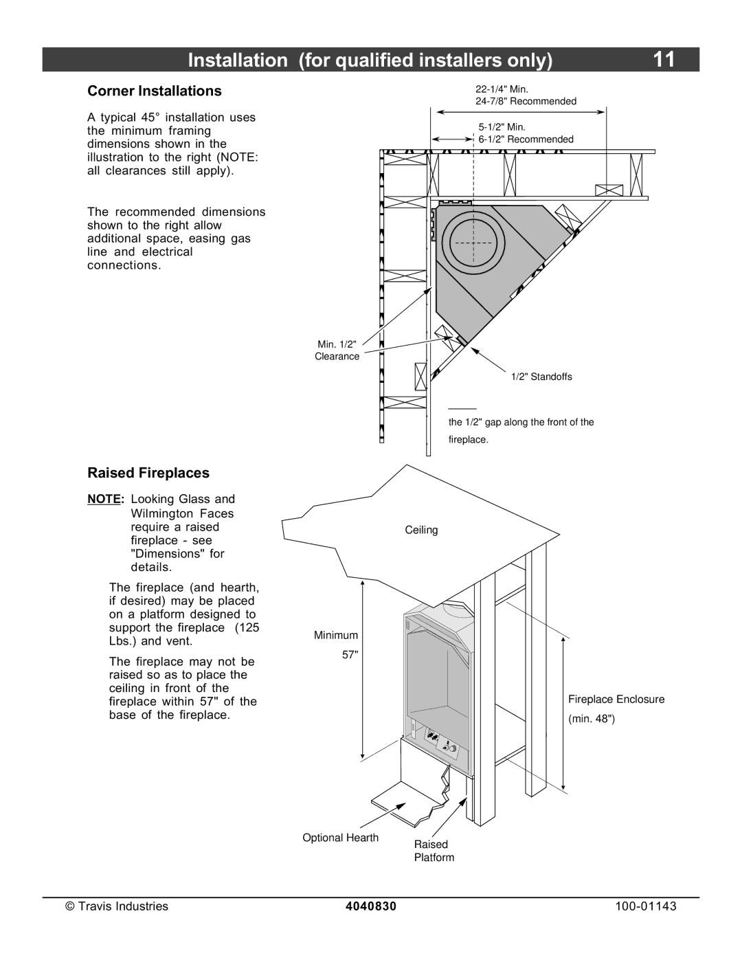 Avalon Stoves 21 DV Fireplace manual Corner Installations, Raised Fireplaces 