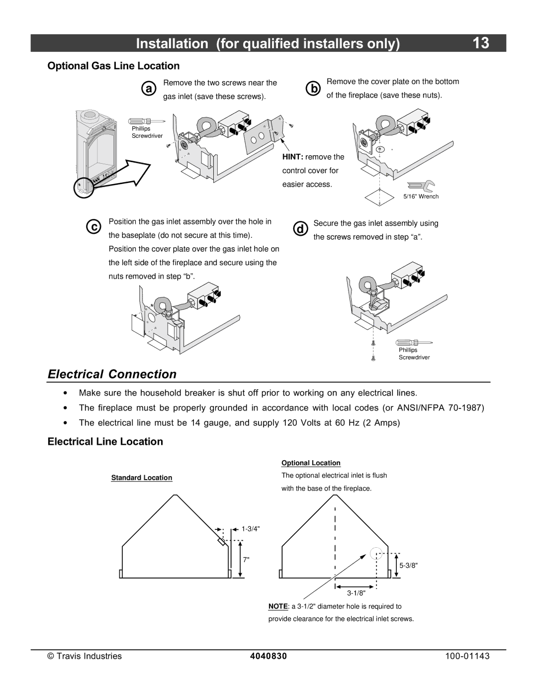 Avalon Stoves 21 DV Fireplace manual Electrical Connection, Optional Gas Line Location, Electrical Line Location 