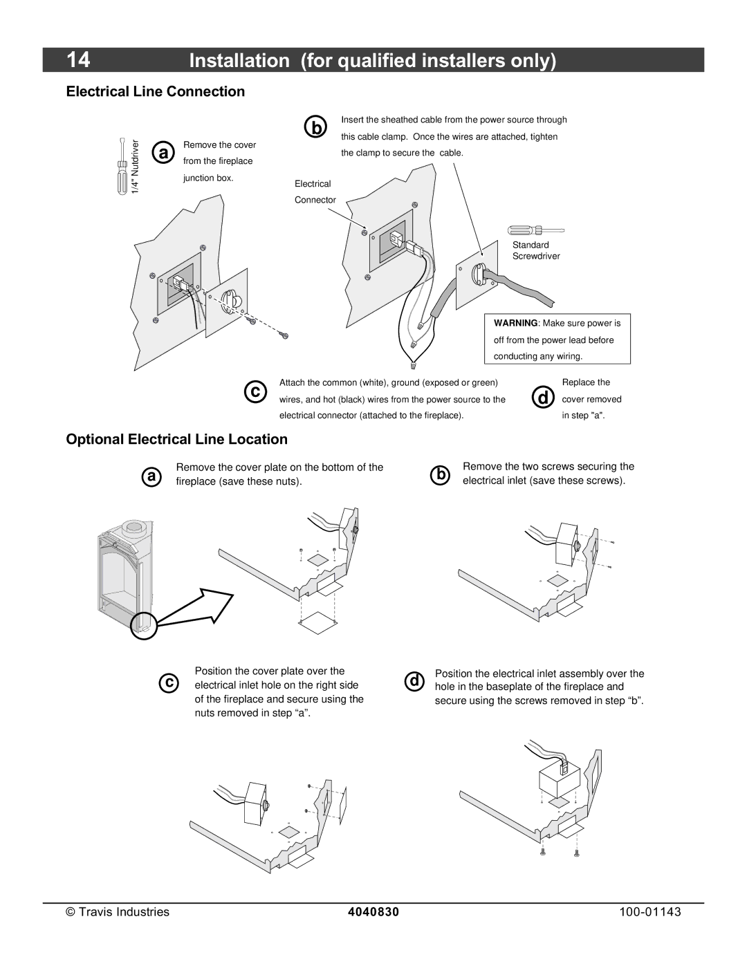 Avalon Stoves 21 DV Fireplace manual Electrical Line Connection, Optional Electrical Line Location 