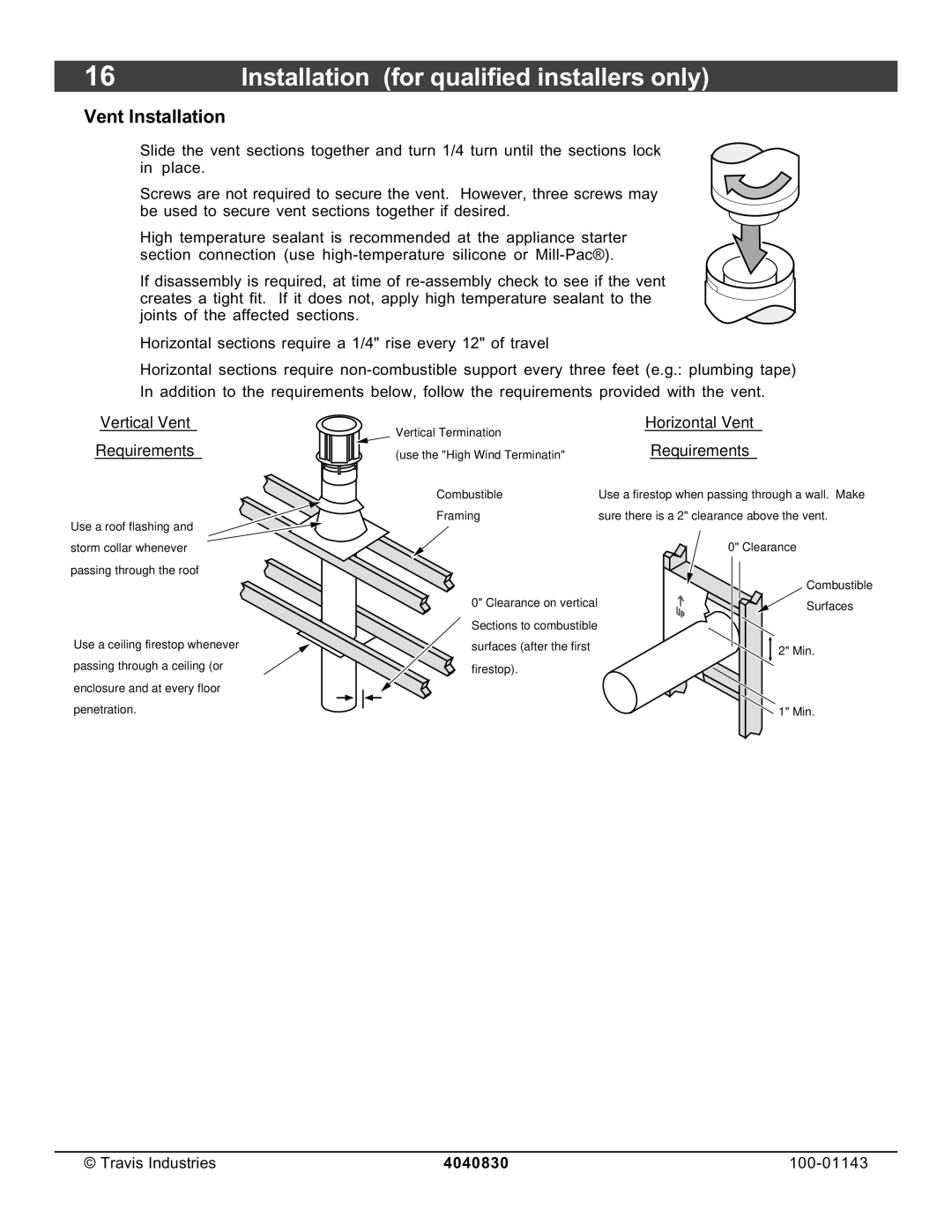 Avalon Stoves 21 DV Fireplace manual Vent Installation, Vertical Vent Requirements 