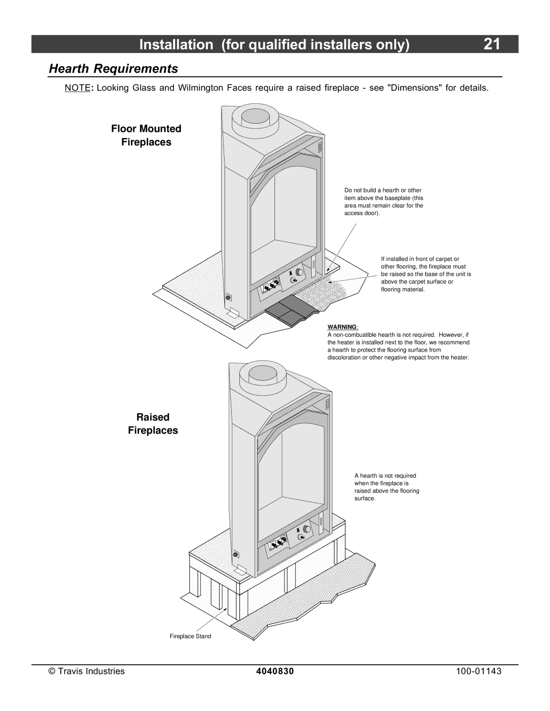 Avalon Stoves 21 DV Fireplace manual Hearth Requirements, Floor Mounted Fireplaces 