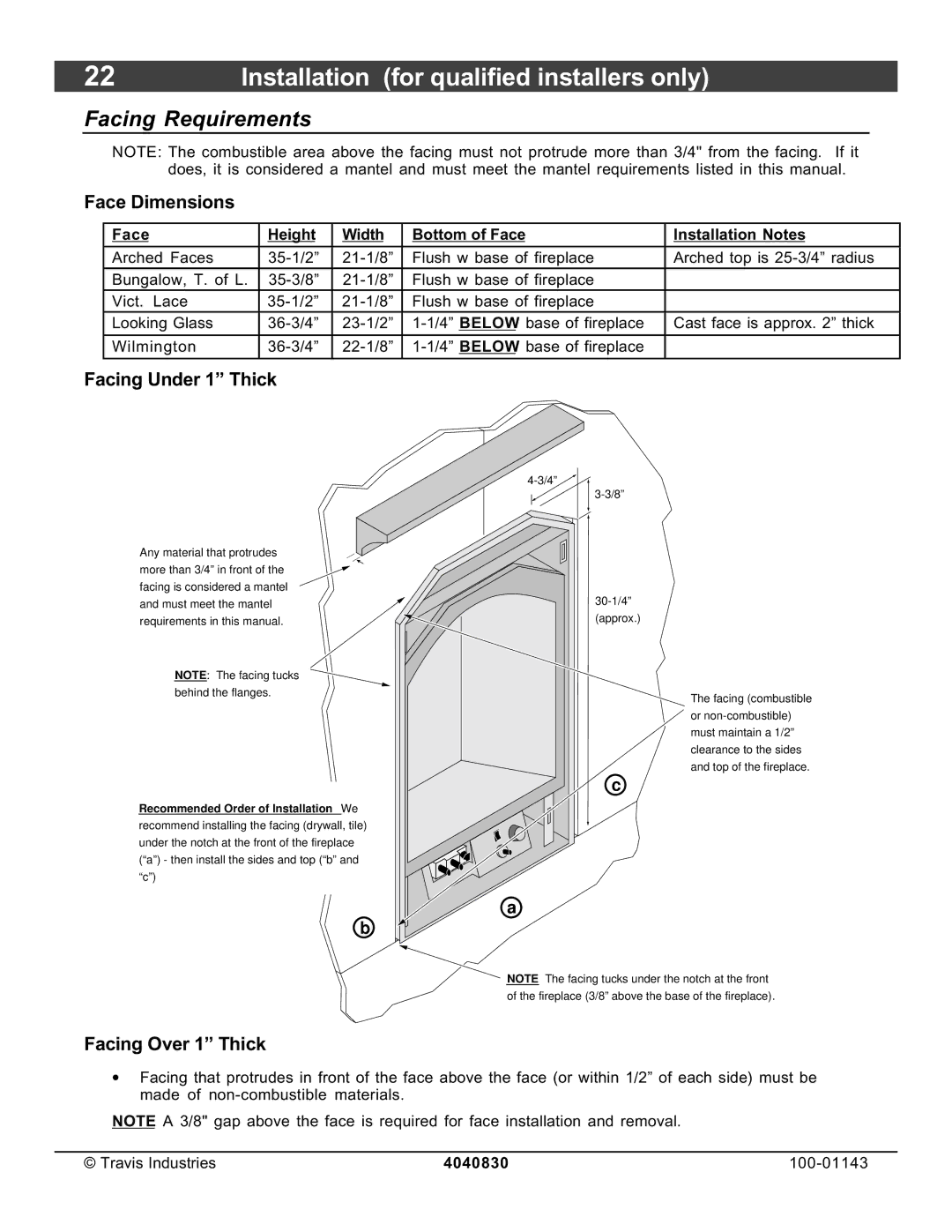 Avalon Stoves 21 DV Fireplace manual Facing Requirements, Face Dimensions, Facing Under 1 Thick, Facing Over 1 Thick 