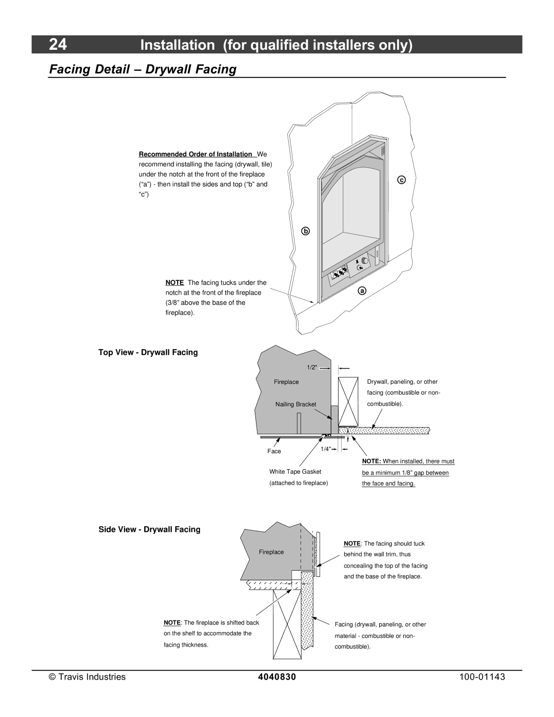 Avalon Stoves 21 DV Fireplace manual Facing Detail Drywall Facing, Top View Drywall Facing 