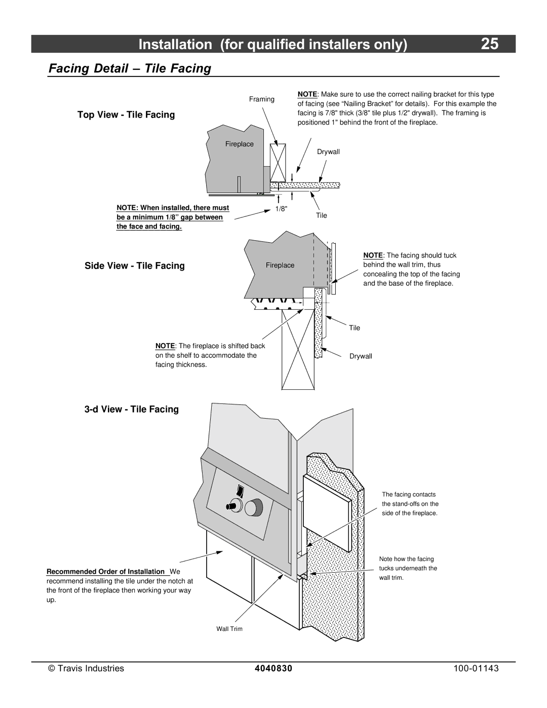 Avalon Stoves 21 DV Fireplace manual Facing Detail Tile Facing, View Tile Facing 