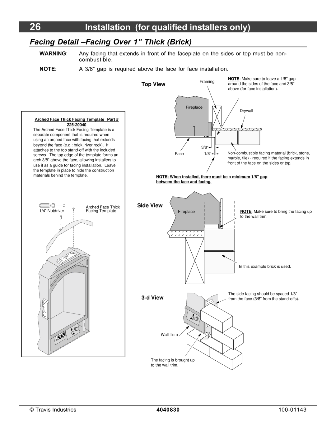 Avalon Stoves 21 DV Fireplace manual Facing Detail -Facing Over 1 Thick Brick, Arched Face Thick Facing Template 225-20040 