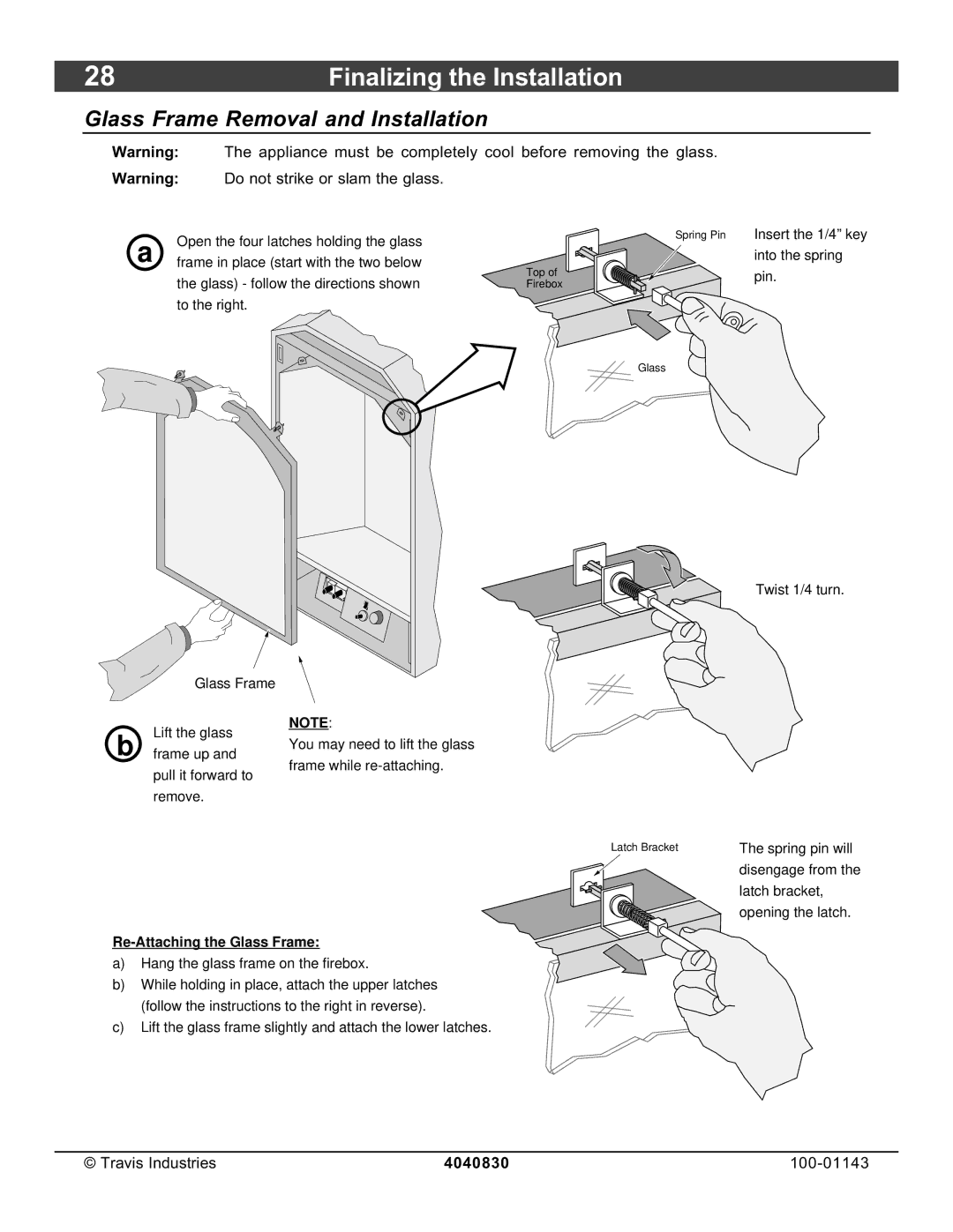 Avalon Stoves 21 DV Fireplace manual Finalizing the Installation, Glass Frame Removal and Installation 