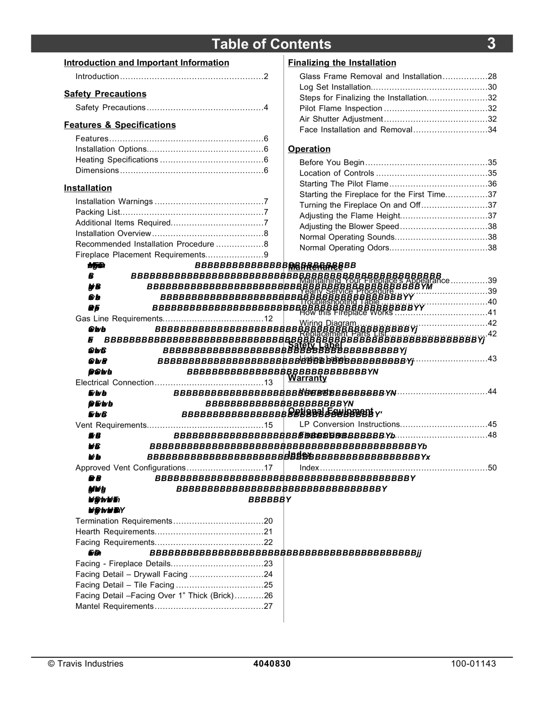 Avalon Stoves 21 DV Fireplace manual Table of Contents 